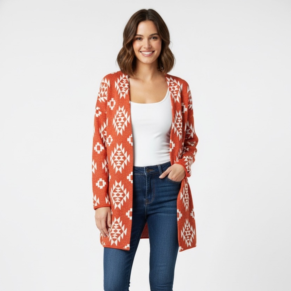 Antthony Rust Orange and White Aztec Open-Front Cardigan